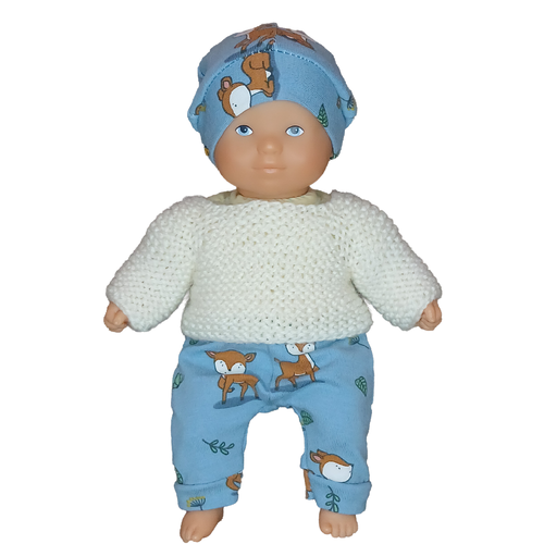 Ensemble poupon 20 cm (mini calin corolle) – pantalon faon, bonnet assorti et brassière tricotée à la main