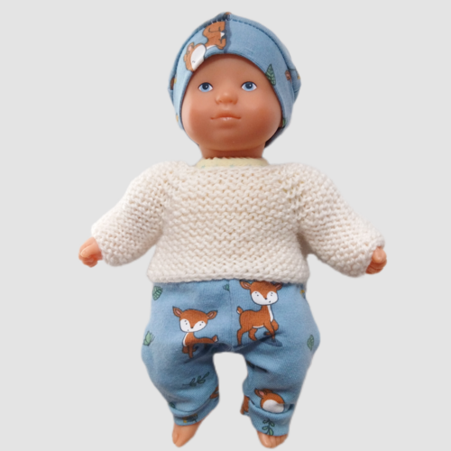 Ensemble poupon 20 cm (mini calin corolle) – pantalon faon, bonnet assorti et brassière tricotée à la main