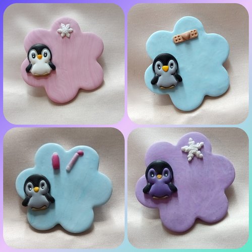 Badge personnalisable en fimo pour infirmière, aide-soignante, etc. - modèle "petit pingouin"