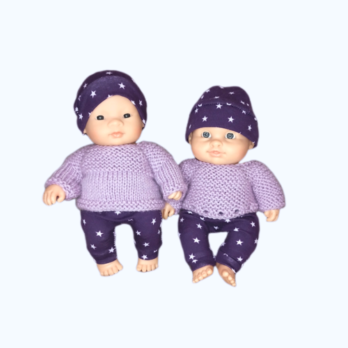 Ensemble poupon 21 cm (paola reina, miniland,...) – pantalon étoiles et bonnet assorti, brassière tricotée à la main