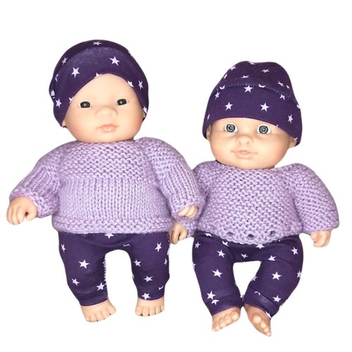 Ensemble poupon 21 cm (paola reina, miniland,...) – pantalon étoiles et bonnet assorti, brassière tricotée à la main