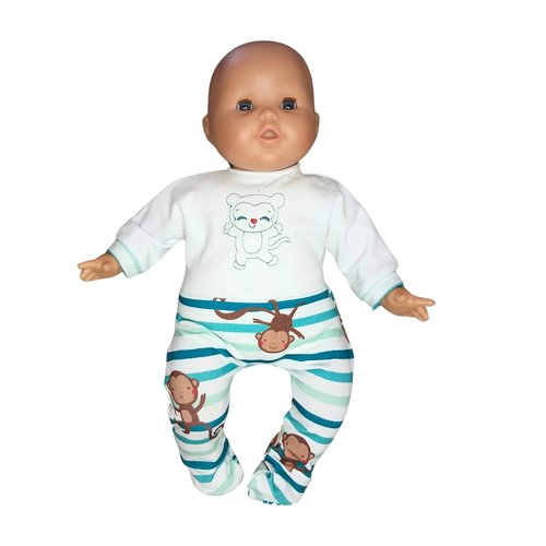 Pyjama bicolore pour poupons de 36 cm (type corolle, nenuco,...) réalisé en jersey - motif petit singe espiègle