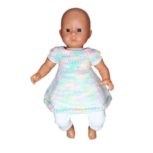 Robe en laine arc-en-ciel et legging blanc en jersey pour poupons de 30 cm (type corolle, nenuco, paola reina, minikane...)