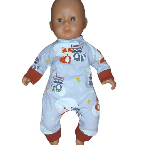 Grenouillère / combinaison pour poupons de 30 cm (corolle, miniland, minikane, paola reine) en jersey - motif renard et raton laveur