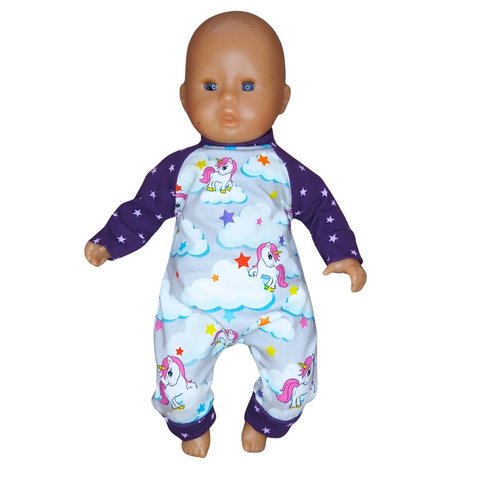 Grenouillère / combinaison pour poupons de 30 cm (corolle, miniland, minikane, paola reine) en jersey - motif licornes et petites étoiles