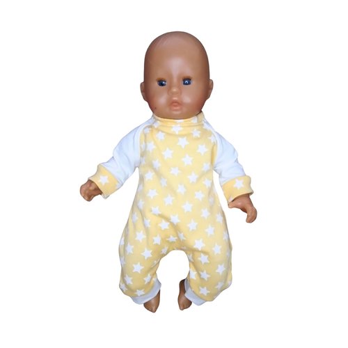 Grenouillère / combinaison pour poupons de 30 cm (corolle, miniland, minikane, paola reine) en jersey - motif étoiles sur fond jaune