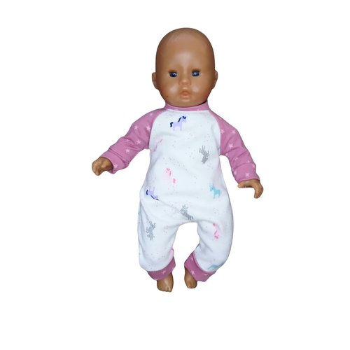 Grenouillère / combinaison pour poupons de 30 cm (corolle, miniland, minikane, paola reine) en jersey - motif petites licornes