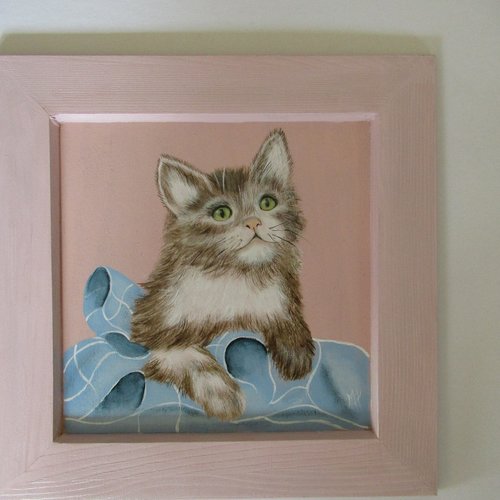 Chat peint a l acrylique sur un tableau en bois