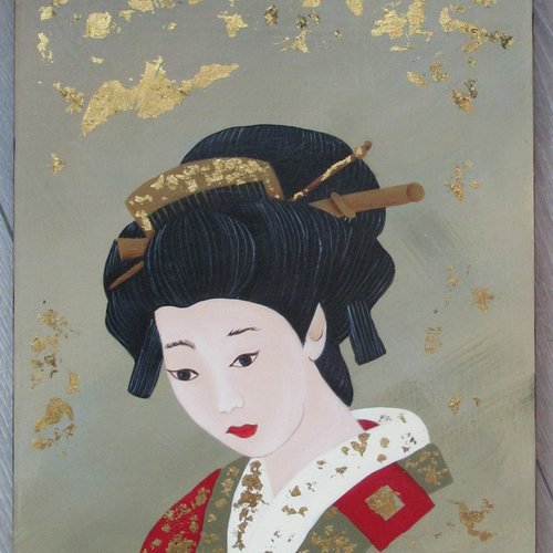 Geisha peinte a l acrylique sur bois