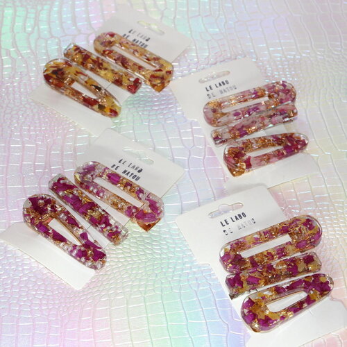 Coffret de 3 barrettes en résine &amp; véritables fleurs séchées du jardin