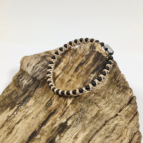 Bracelet homme en chaîne bille en acier et cuir bicolore noir et argent
