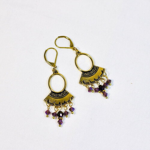 Boucles d’oreilles ethniques anneau ovale plaqué or, perles en cristal swarovski violet