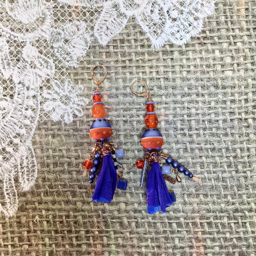 Boucles d’oreilles en verre filé à la main bleu et orange