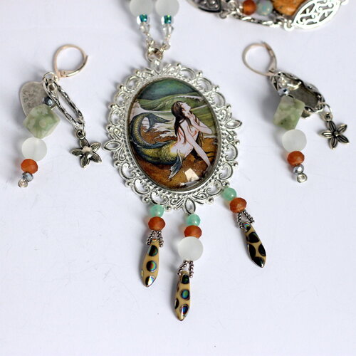Ensemble collier-chaîne long pendentif sirène & boucles d'oreilles assorties