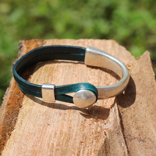 Bracelet homme ou unisexe, double cordon de cuir et demi bracelet en zamac plaqué argent