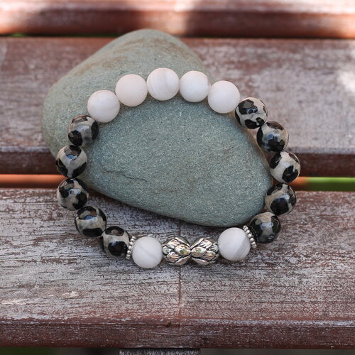 Bracelet homme élastiqué, jade blanc et agate tibétaine dzi