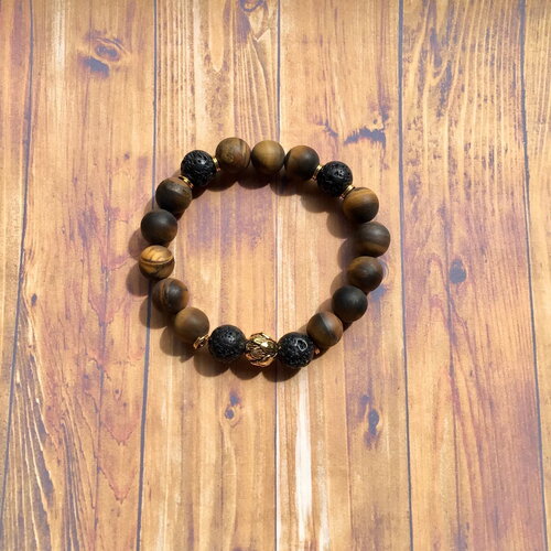 Bracelet homme, en perles pierre gemme œil de tigre mate