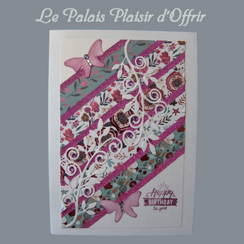 Carte anniversaire femme - carte blanche ses bandes fleuries et paillettées, feuillage et papillons