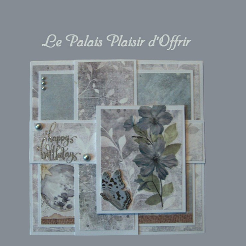 Carte anniversaire femme - carte double carrée - fleurs en gris et blanc sous la lune