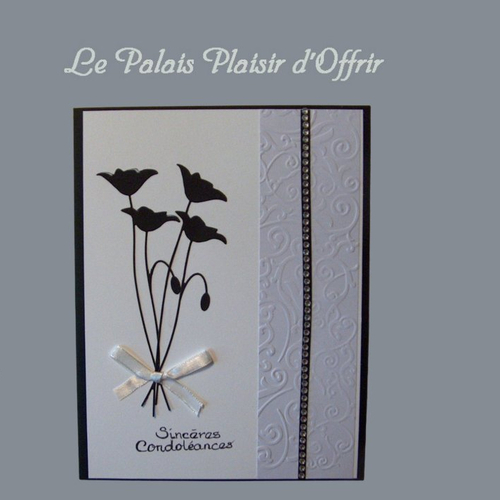 Carte condoléances - beau bouquet de fleurs noires et ses strass sur base de blanc noir et gris