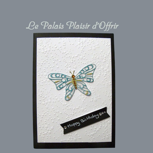 Carte anniversaire homme - papillon pailleté vert et or sur fond neigeux blanc et carte noire