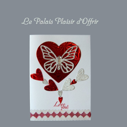 Carte saint valentin - coeurs et papillon en rouge métallique et argent pailleté