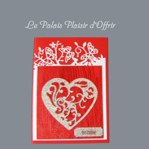Carte saint valentin - gros coeur en arabesque argent pailleté et sa guirlande de papillons