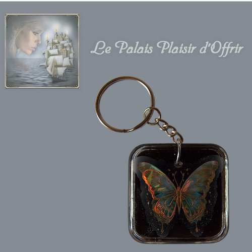 Porte-clef - résine - papillon irisé dans un carré