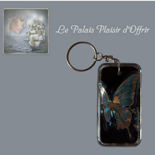 Porte-clef - résine - papillon irisé sur grand rectangle