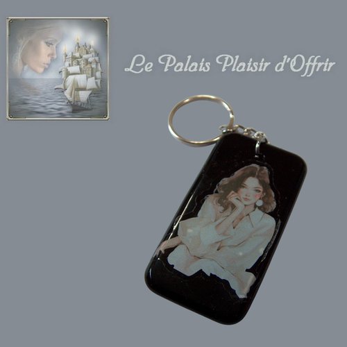 Porte-clef - résine - pendant noir et sa jeune femme brune en robe beige rosé