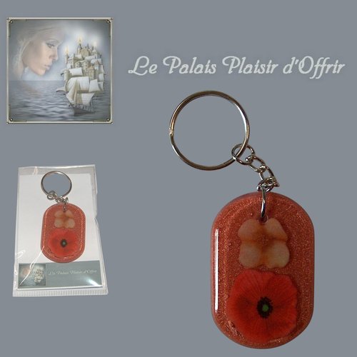 Porte-clef - résine - fond terre de sienne et 2 fleurs champagne et rouge