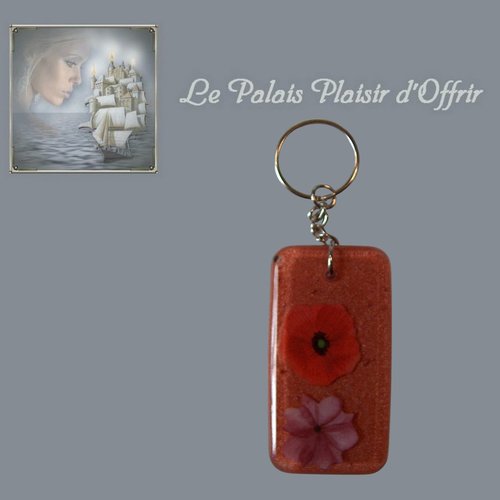 Porte-clef - résine - pendant rectangulaire "terre de sienne" et ses 2 fleurs
