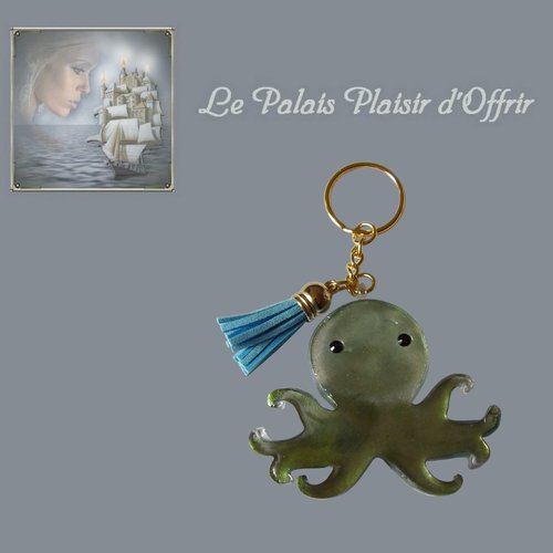 Porte-clef - résine - animal de la mer - pieuvre verte et bleu