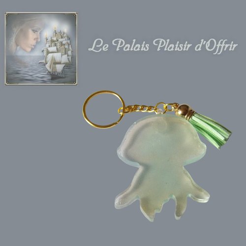 Porte-clef - résine - animal de la mer - méduse translucide vert-bleu
