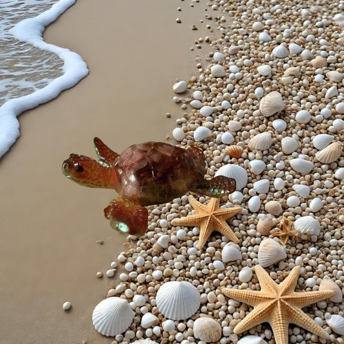 Animal - resine - petite tortue de mer marron irisé et ses fleurs