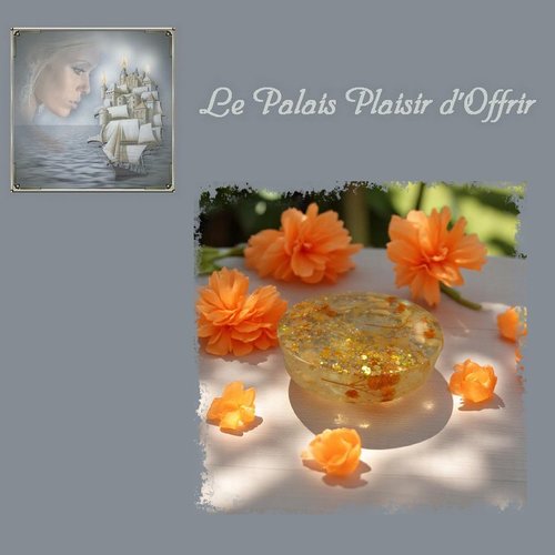 Support - résine - fleurs oranges et beiges et paillettes