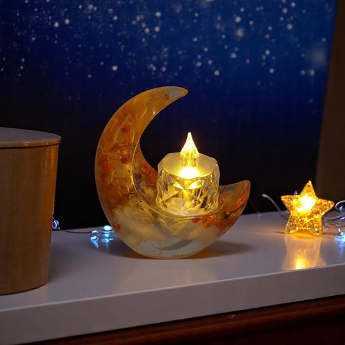 Veilleuse - resine - croissant de lune fleurie orange et crème porte bougie