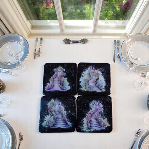 Sous-verres - résine - 4 sous-verres carrés beaux escaliers fleuris