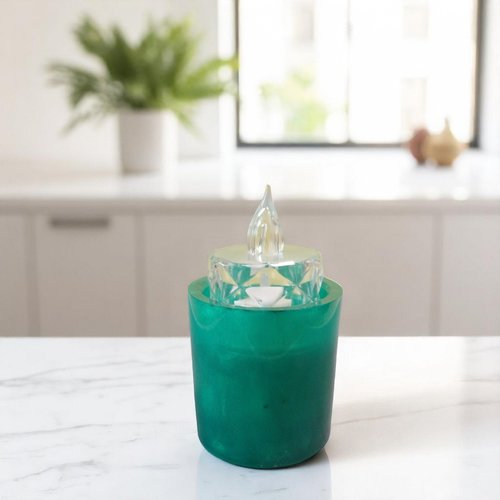 Pb - résine - porte bougie rond de taille moyenne vert moiré et irisé