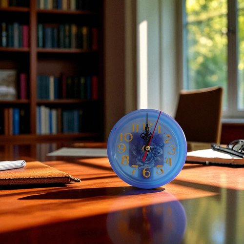 Pendule - resine - pendulette de bureau ronde bleu et ses roses bleues