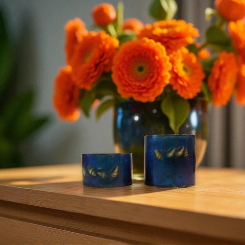 Pb - résine - duo de portes bougies bleu translucide et coquillages