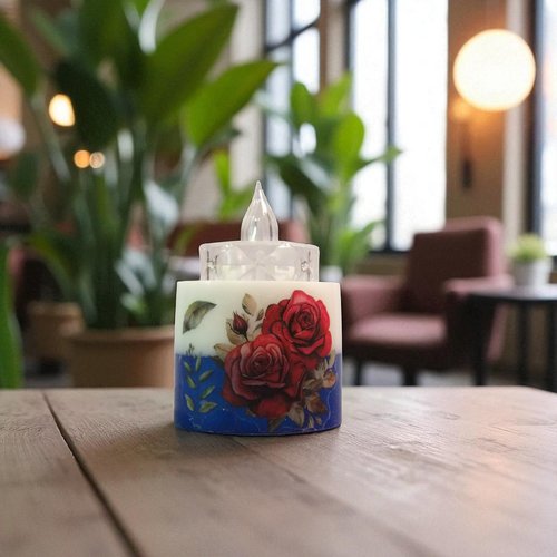 Pb - résine - porte bougie moyen rond bleu blanc et ses fleurs rouges