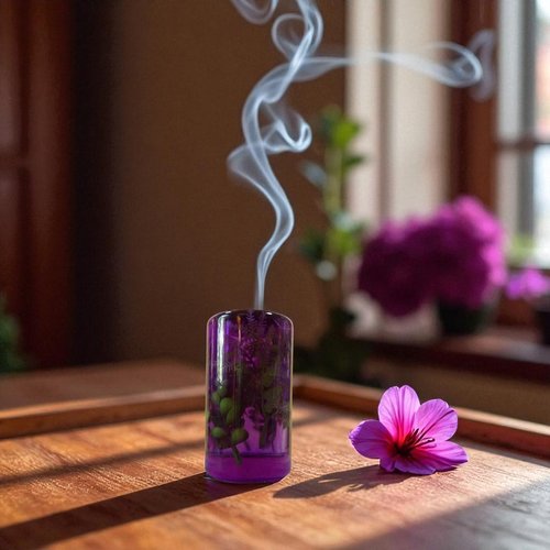 Pot/vase - résine - pot aromathérapie et encens violet et ses feuillages