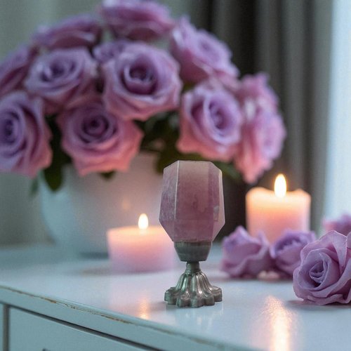 Pb - résine - porte bougie, photophore vintage mauve sur pied argenté