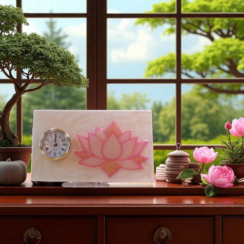 Pendule - resine - pendule rectangulaire "fleur de lotus" en rose et beige