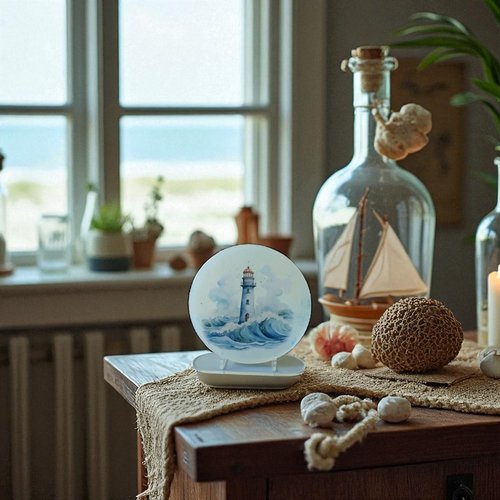 Palet déco - résine - palet rond marbré blanc et bleu et son phare en mer