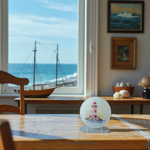 Palet déco - résine - palet rond marbré blanc et bleu et son phare sur îlot