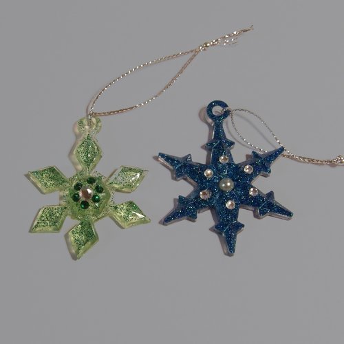 Noel - lot de 2 flocons moyens - vert et bleu en paillettes