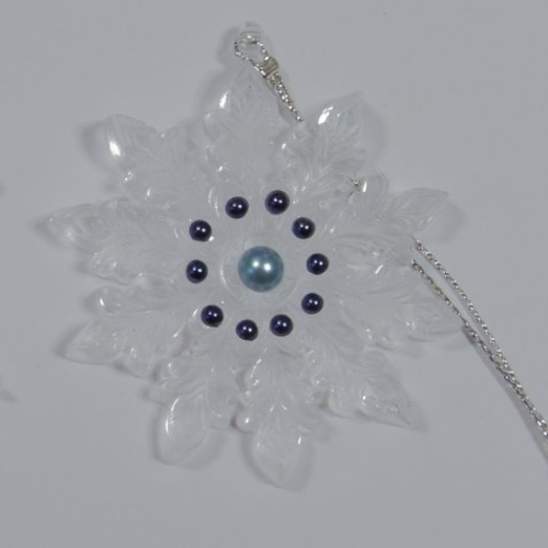 Noel - lot de 2 flocons moyens translucides et demi-perles blanches, bleues et or