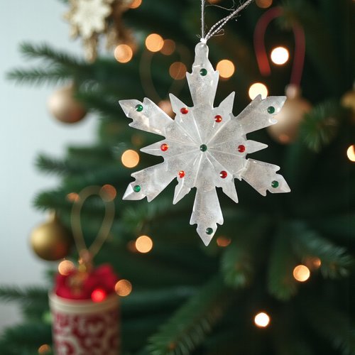 Noel - gros flocon translucide mini strass rouges et verts